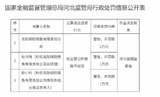 名阳保险销售有限责任公司被罚1万元：执业登记和管理不规范