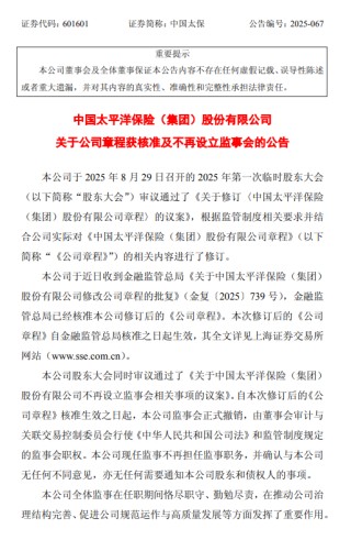 中国太保：修订后的章程获核准，监事会正式撤销