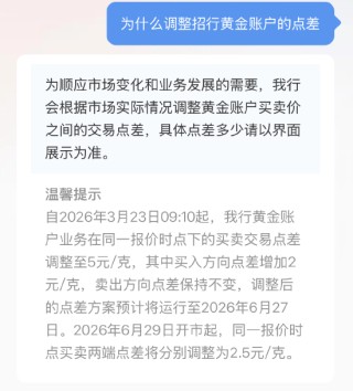 招商银行：为顺应市场变化和业务发展的需要 会根据市场实际情况调整黄金账户买卖价之间的交易点差