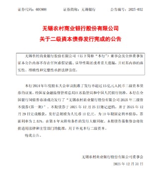 无锡银行：10亿元二级资本债券发行完成