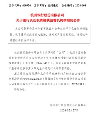 杭州银行：副行长王立雄任职资格获核准