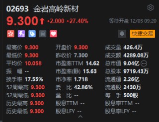 金岩高岭新材港股首日高开27.4%，一手账面盈利1000港元