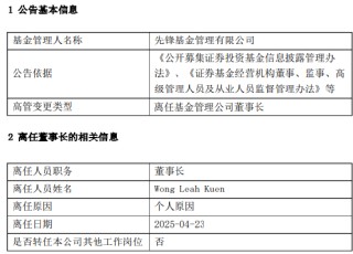 先锋基金高管生变：董事长Wong Leah Kuen、副总经理兼首席信息官吴越离任