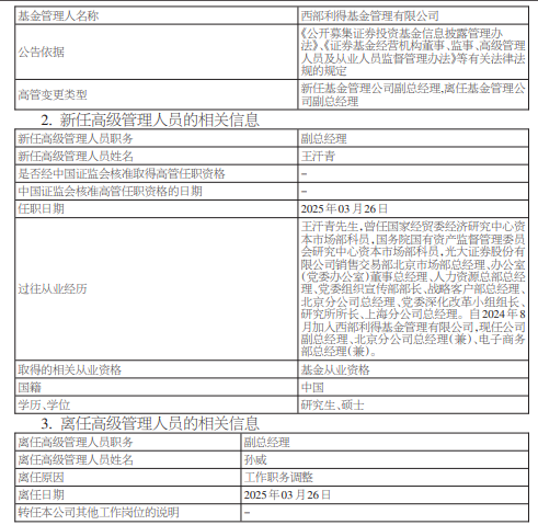 西部利得基金高管变更:孙威职务调整离任 原光大证券老将王汗青出任副总经理  第1张 西部利得基金高管变更:孙威职务调整离任 原光大证券老将王汗青出任副总经理  第1张