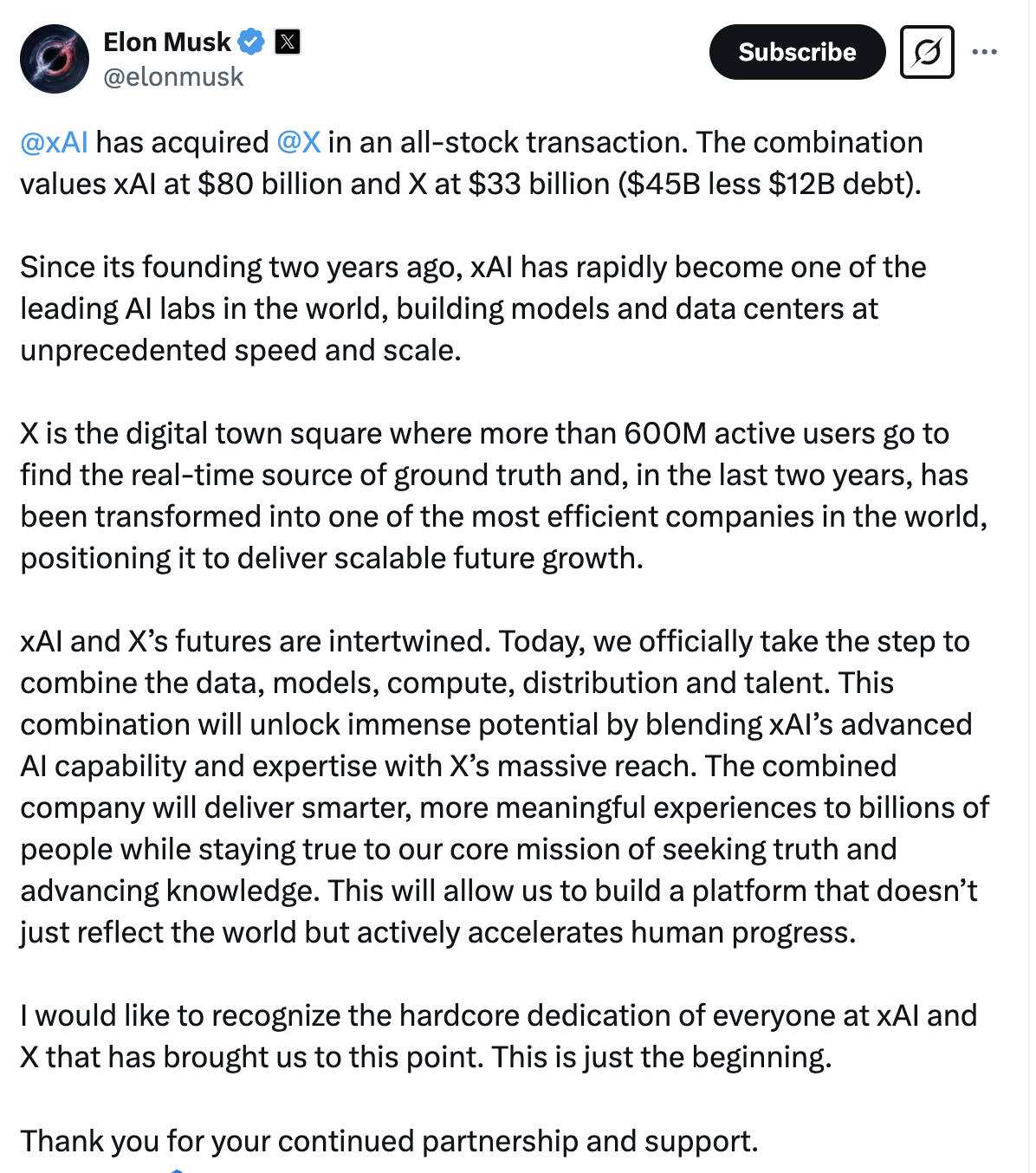 xAI收购X，马斯克重组AI帝国，“这只是第一步”？  第1张