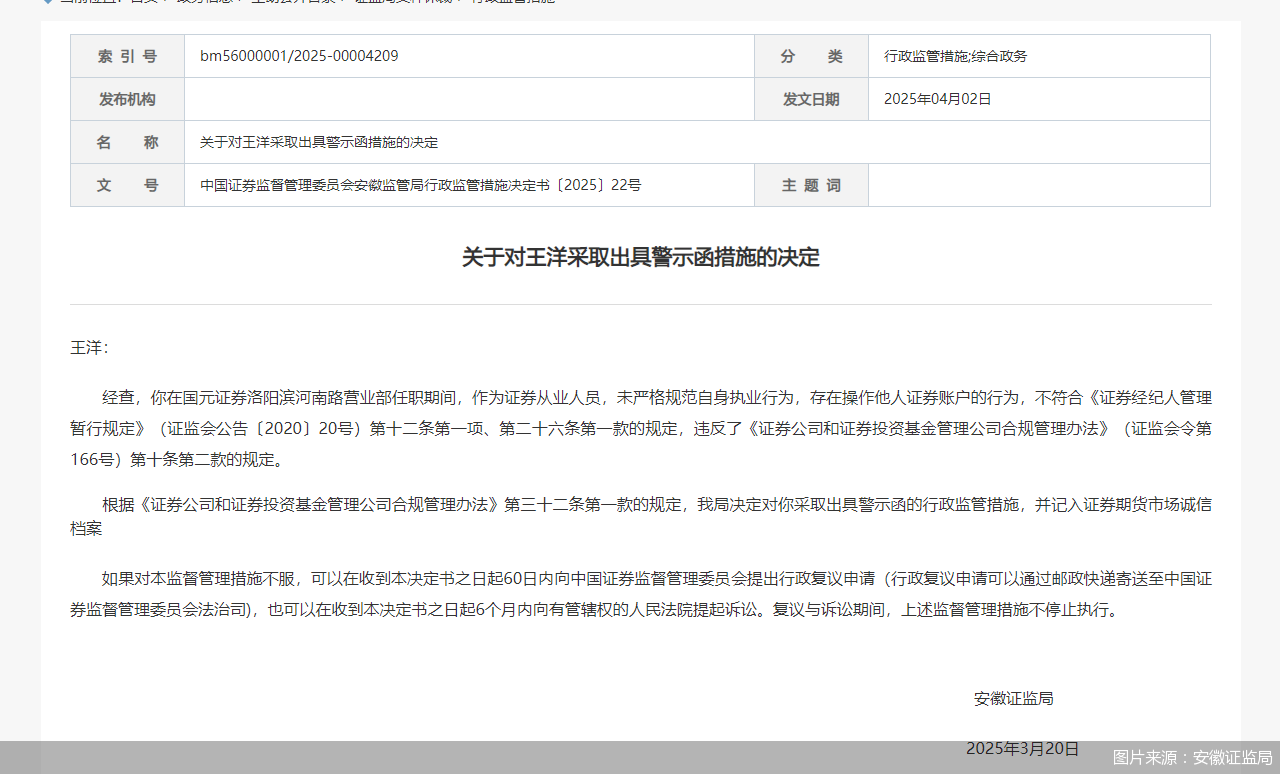 因任职期间存在操作他人证券账户行为,国元证券一前员工被监管警示  第1张 因任职期间存在操作他人证券账户行为,国元证券一前员工被监管警示  第1张