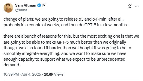 OpenAI首席执行官Sam Altman:可能会在几周内发布o3和o4-mini 第1张 OpenAI首席执行官Sam Altman:可能会在几周内发布o3和o4-mini 第1张