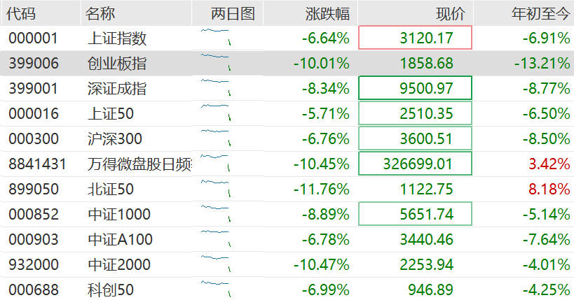 A股重挫！沪指跌超6%，创业板指大跌10%，深证成指跌超8%，北证50跌超11%，中证2000、微盘指数跌超10%  第1张
