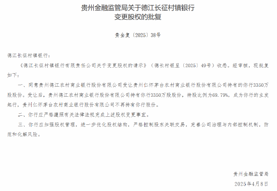 茅台农商行:获批转让6家所持村镇银行股份  第1张 茅台农商行:获批转让6家所持村镇银行股份  第1张