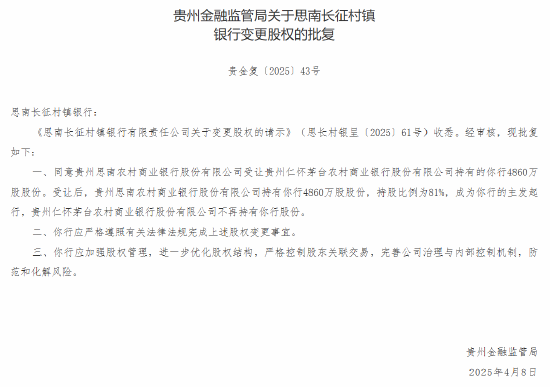 茅台农商行:获批转让6家所持村镇银行股份  第5张 茅台农商行:获批转让6家所持村镇银行股份  第5张