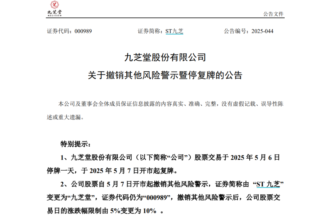 又一A股宣布：“摘帽”！ST九芝撤销其他风险警示，证券简称变更为“九芝堂”  第1张