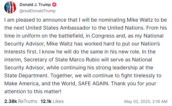 “群聊泄密门”主角沃尔兹离职，被提名为下一任美国驻联合国大使  第1张