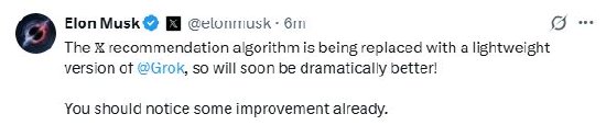 马斯克宣布X平台算法改进 此前抱怨X的推荐算法“烂透了”  第1张