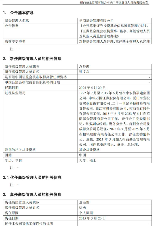 招商基金总经理更迭:徐勇任期届满卸任,“老将”钟文岳回归接棒  第1张 招商基金总经理更迭:徐勇任期届满卸任,“老将”钟文岳回归接棒  第1张