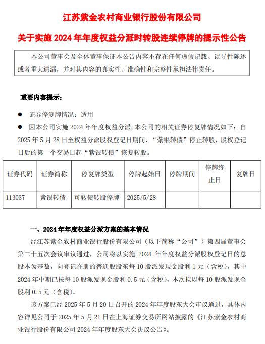 紫金银行:紫银转债自2025年5月28日起停止转股  第1张 紫金银行:紫银转债自2025年5月28日起停止转股  第1张