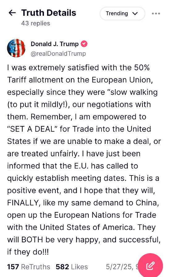 特朗普:对向欧盟征收50%关税很满意 希望欧盟向美国开放贸易  第1张 特朗普:对向欧盟征收50%关税很满意 希望欧盟向美国开放贸易  第1张