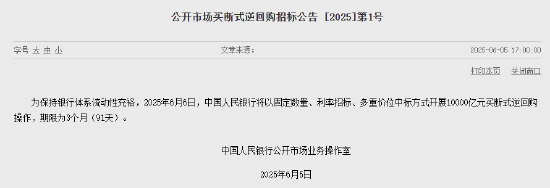 央行：6月6日将开展10000亿元买断式逆回购操作  第1张