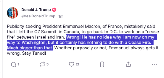 特朗普:他返回华盛顿与以色列-伊朗停火问题无关  第1张 特朗普:他返回华盛顿与以色列-伊朗停火问题无关  第1张