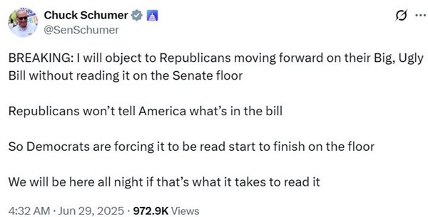 要花10多小时朗读940页全文,民主党将阻挠特朗普“大而美”法案  第1张 要花10多小时朗读940页全文,民主党将阻挠特朗普“大而美”法案  第1张