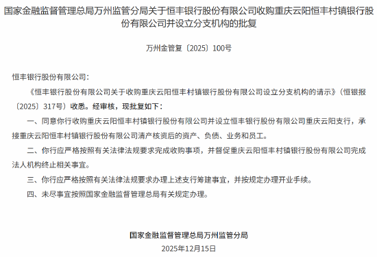 恒丰银行获批收购重庆云阳恒丰村镇银行并开设分支机构  第1张