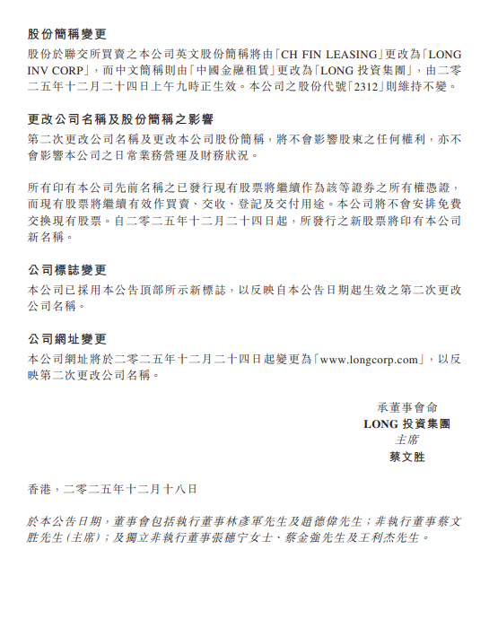 中国金融租赁：拟更名为“Long 投资集团”  第2张