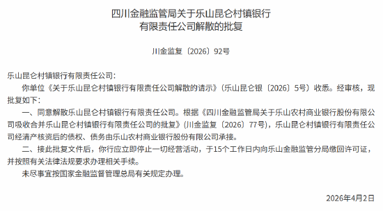 乐山昆仑村镇银行获批解散 全部业务由乐山农商行承接 第1张 乐山昆仑村镇银行获批解散 全部业务由乐山农商行承接 第1张