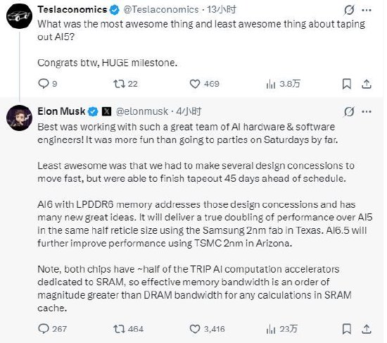 马斯克称AI5提前45天完成流片，AI6性能将翻倍  第1张